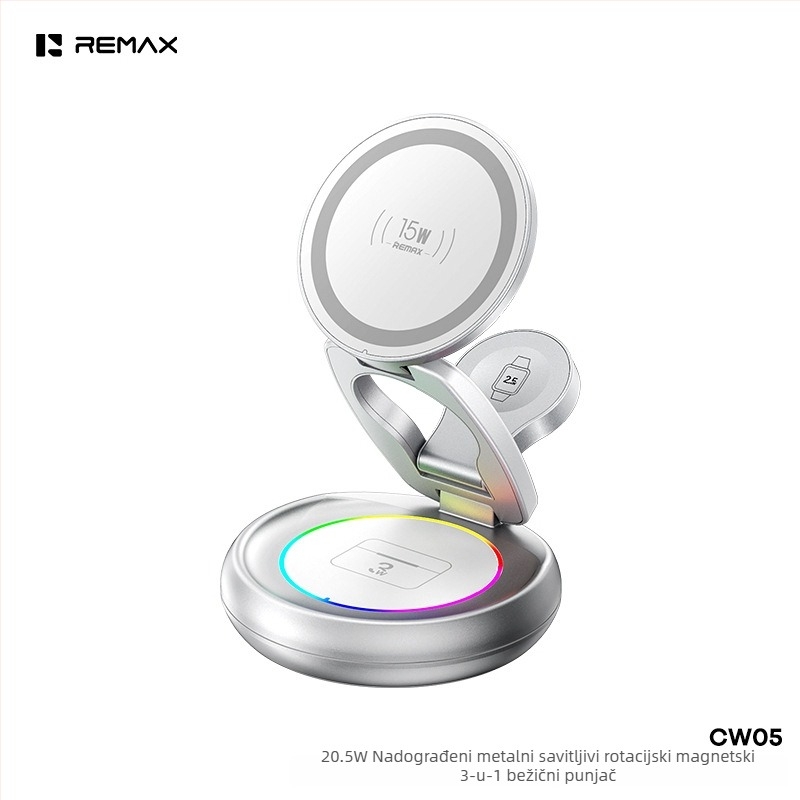 Remax 3-u-1 magnetski bežični punjač za iPhone, Apple Watch i AirPods — Qi2, do 15W, magnetsko punjenje, sklopivi dizajn