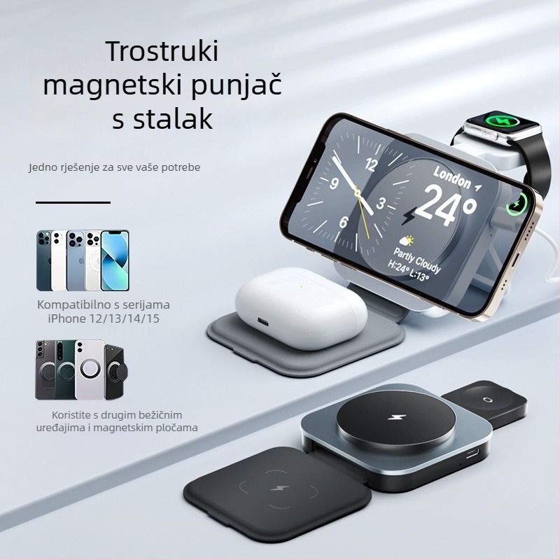 3-u-1 magnetski bežični punjač za Apple MagSafe (iPhone, AirPods, Apple Watch); sklopivi dizajn, aluminijsko tijelo, izlaz 15W, 3A struja, QC3.0 kompatibilan