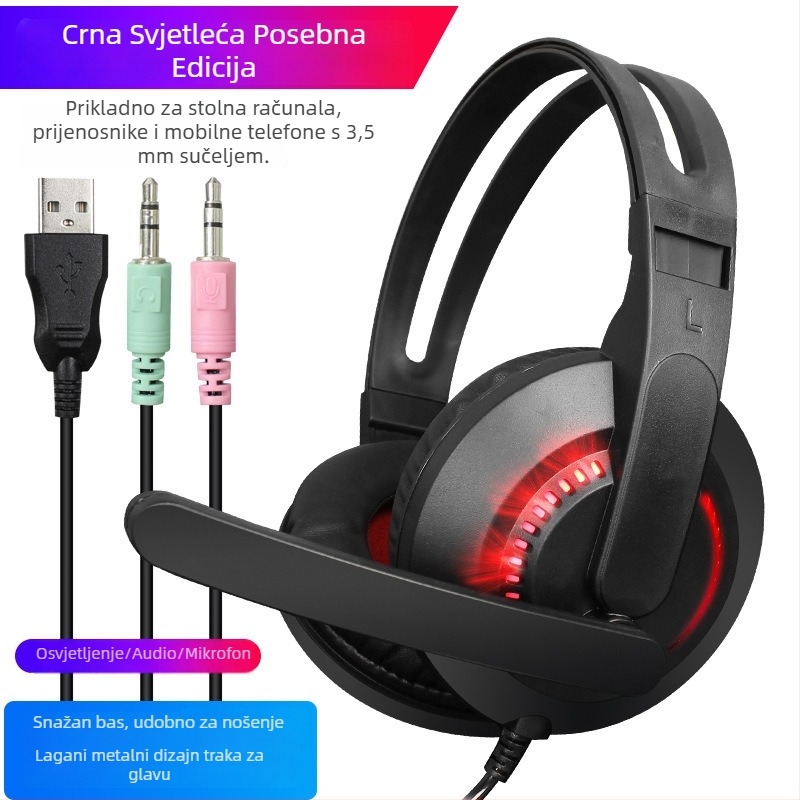 Messide A2 LED gaming slušalice s mikrofonom, žične, preko uha, bas-pojačanje
