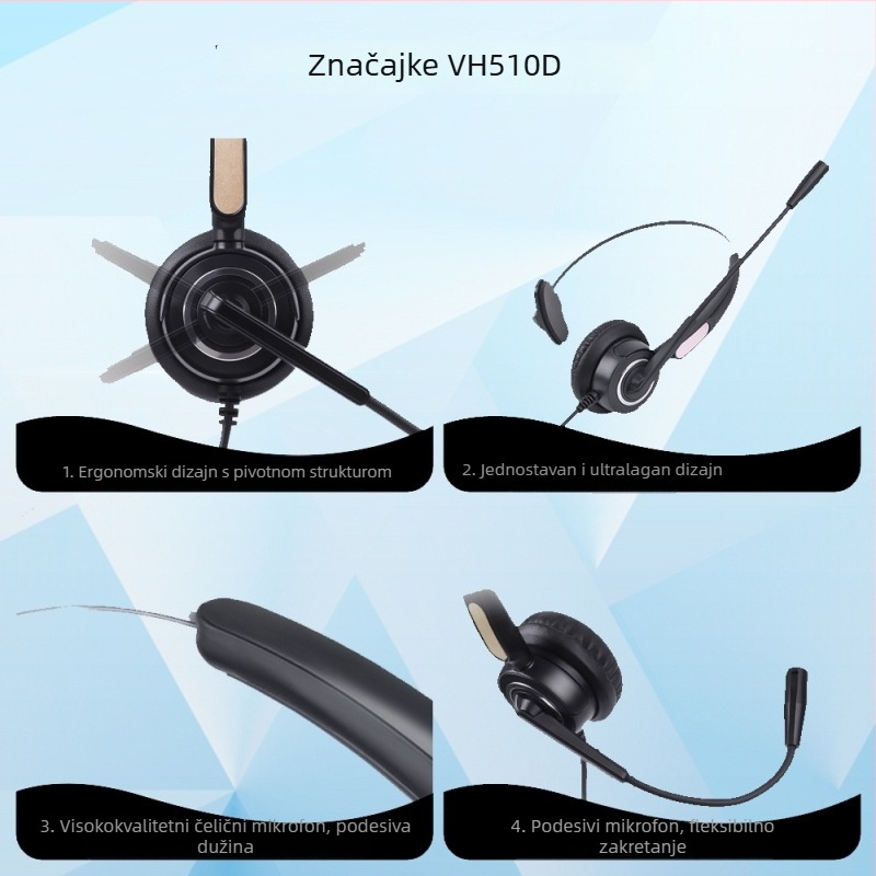 Žični headset za nošenje na glavi s mikrofonom za otklanjanje šumova, RJ9, 2,5 mm, 3,5 mm i USB priključci, 100–10000 Hz, impedancija 150 Ω