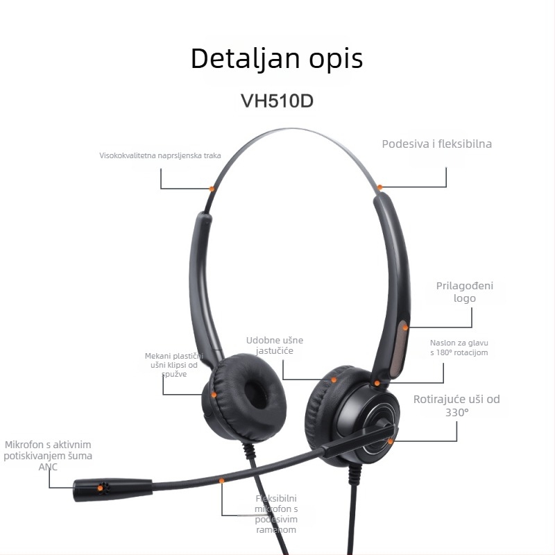 Žični headset za nošenje na glavi s mikrofonom za otklanjanje šumova, RJ9, 2,5 mm, 3,5 mm i USB priključci, 100–10000 Hz, impedancija 150 Ω