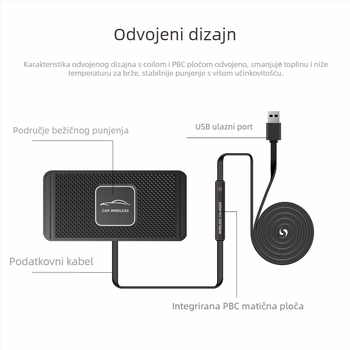 Bežični punjač za automobil 15W USB brzo punjenje QC3.0, izlaz 2A, ravna protuklizna podloga