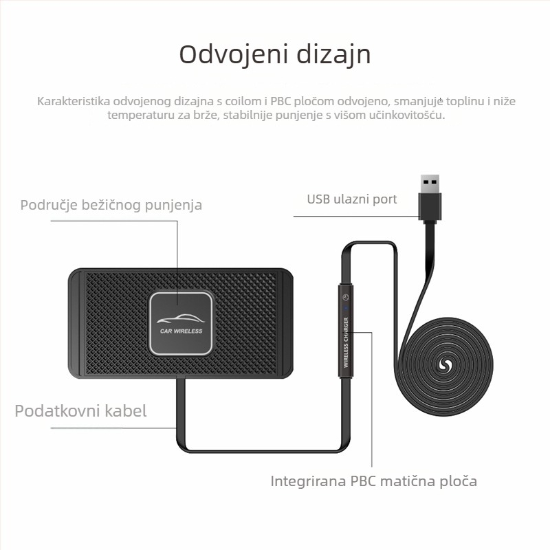 Bežični punjač za automobil 15W USB brzo punjenje QC3.0, izlaz 2A, ravna protuklizna podloga
