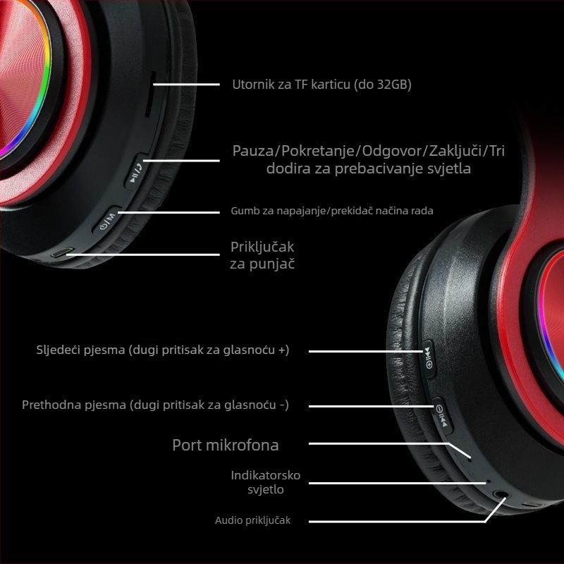Slušalice preko uha, sklopive Bluetooth/žične, 3,5 mm utor (L-oblik), LED svjetla, za gaming i sport