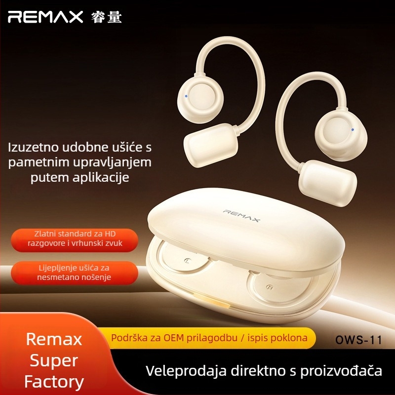 Remax OWS otvorenog tipa slušalice s upravljanjem putem aplikacije, pravi bežični zvuk, Bluetooth 6.0, domet 10 m, trajanje baterije 4–8 h, dvosmerni stereo, dizajn s kukom za uho