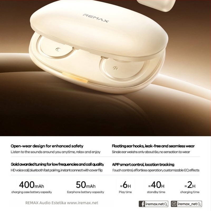 Remax OWS otvorenog tipa slušalice s upravljanjem putem aplikacije, pravi bežični zvuk, Bluetooth 6.0, domet 10 m, trajanje baterije 4–8 h, dvosmerni stereo, dizajn s kukom za uho