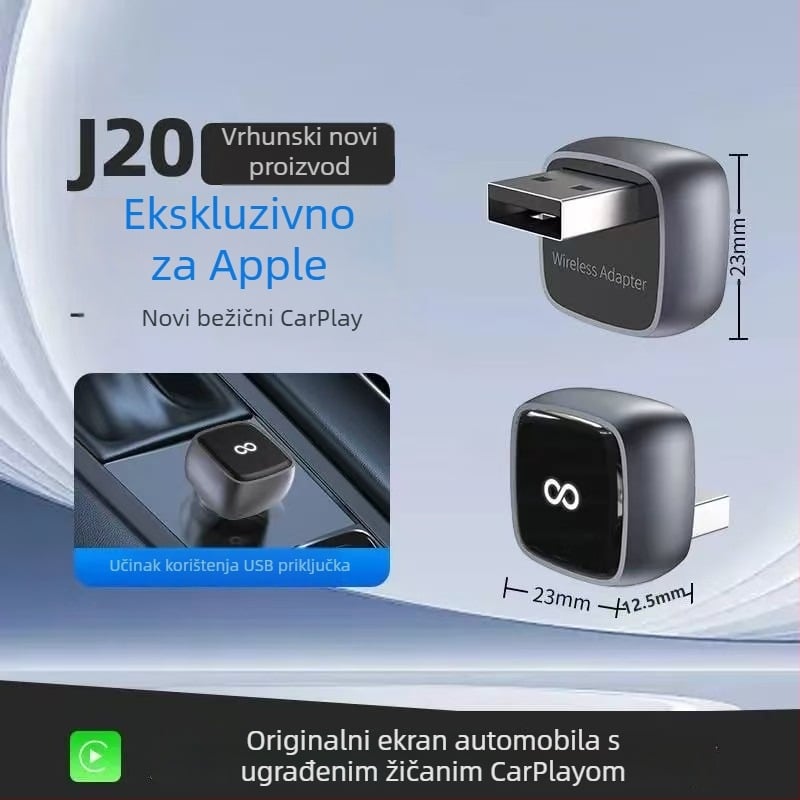 J20 2-u-1 bežični CarPlay adapter za Android Auto i CarPlay, pretvarač s kabelskog na bežični CarPlay, USB-C/USB sučelje, kompatibilan s vozilima s kabelskim CarPlay