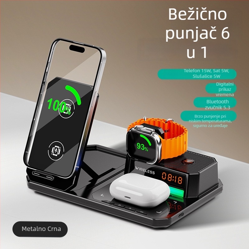 Stolni stalak 6u1 s bežičnim punjenjem, 15W, CE/FCC/ROHS, plastičan, univerzalno