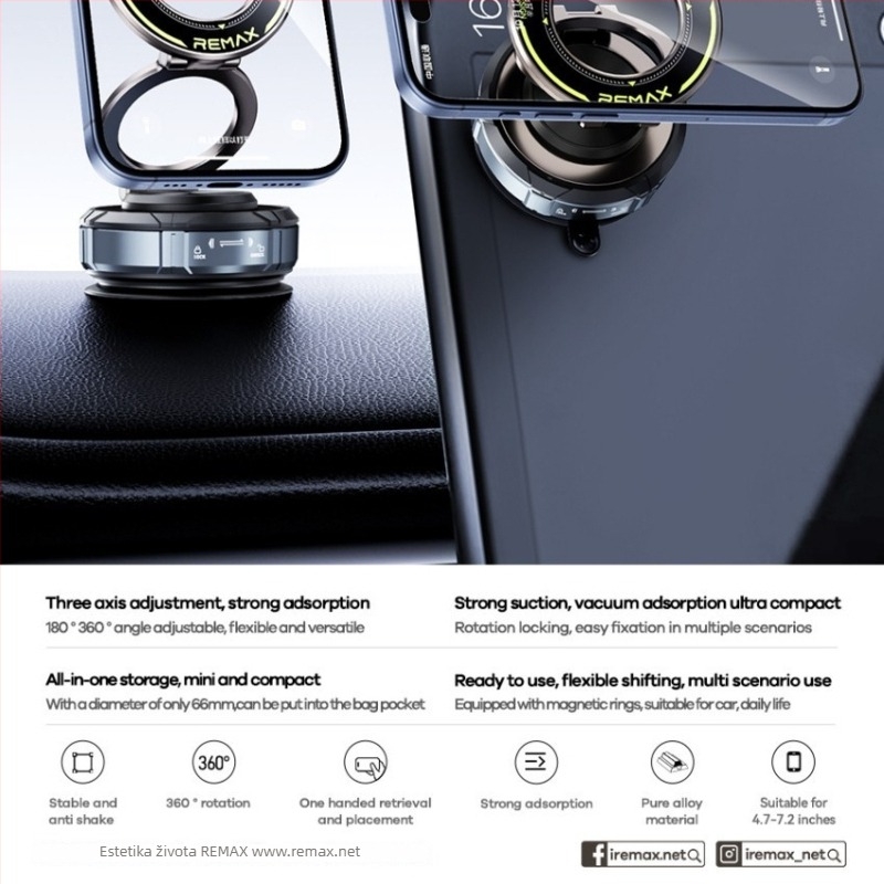 RM-C36 magnetski nosač za automobil i stolnu ploču, okretni, trostupanjska sklopiva konstrukcija, ABS+PC+TPU+cinkova legura