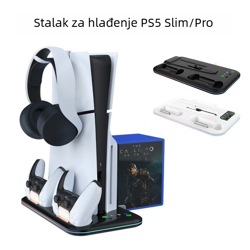 PS5 Pro/Slim osnovna baza za hlađenje s RGB osvjetljenjem, nosač za kontroler s punjenjem, spremnik za slušalice i diskove