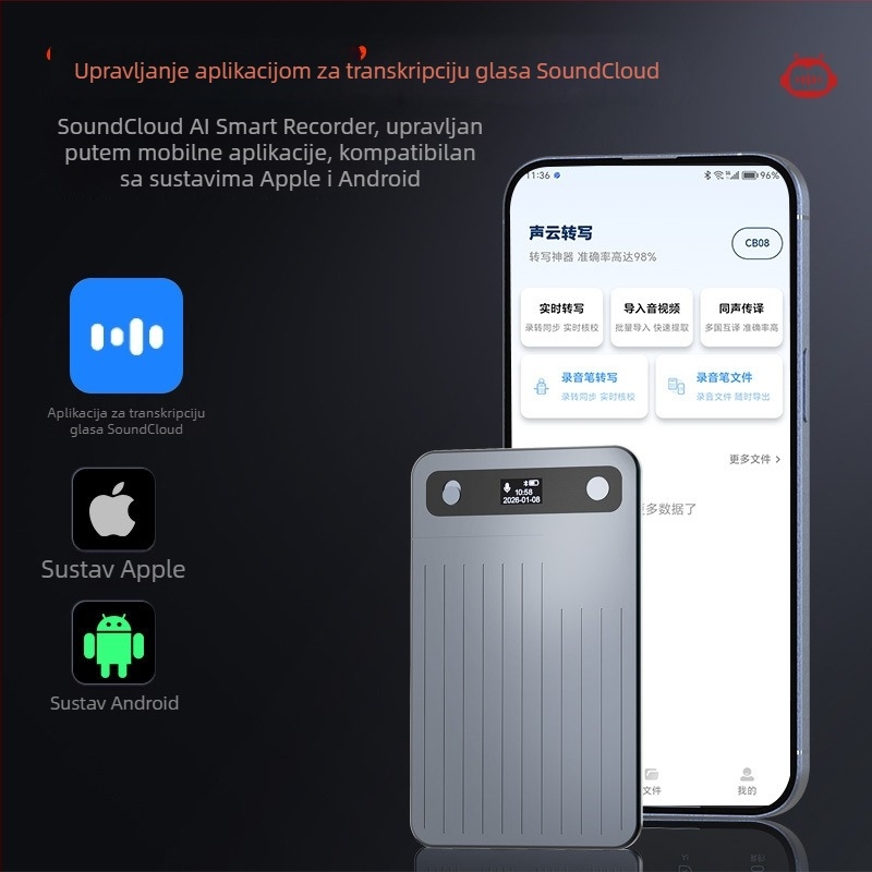 CB08 Olovka za simultano prevođenje s konverterom glasa u tekst, dvostruki mikrofon, WAV snimanje do 999 minuta, kućište od aluminijskog legure, 0,42-inčni zaslon, podrška TF kartici