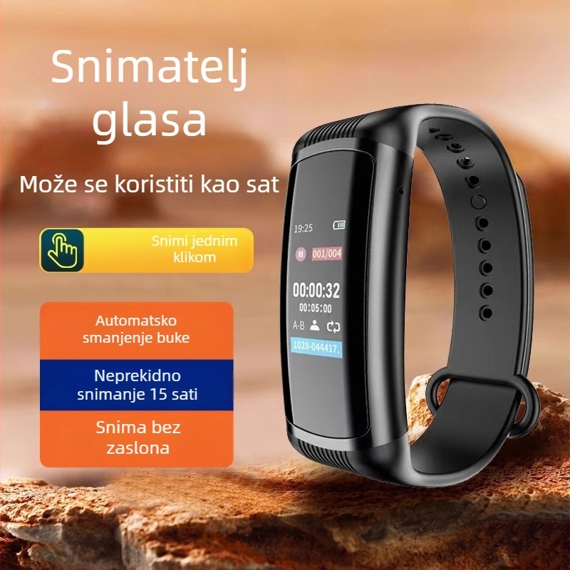 Rekorder na narukvicu s HD zaslonom i redukcijom šuma — MP3/WAV, 10 sati snimanja, USB 2.0, Li-Po baterija