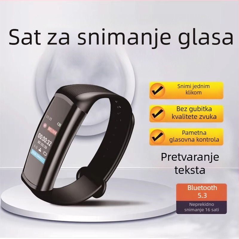 Rekorder na narukvicu s HD zaslonom i redukcijom šuma — MP3/WAV, 10 sati snimanja, USB 2.0, Li-Po baterija