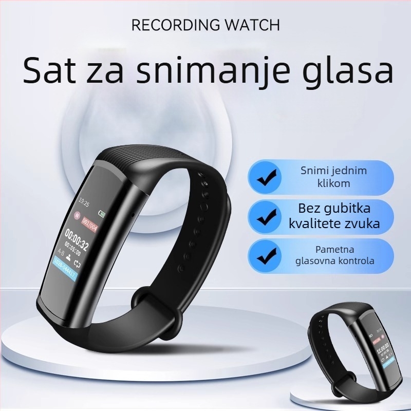 Rekorder na narukvicu s HD zaslonom i redukcijom šuma — MP3/WAV, 10 sati snimanja, USB 2.0, Li-Po baterija