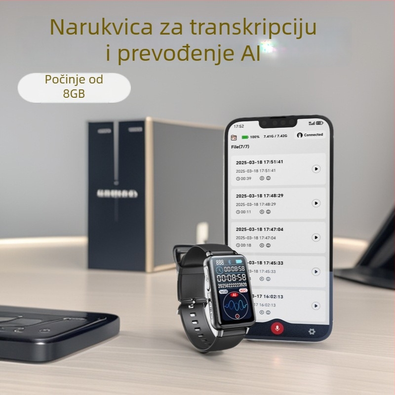 AI zapisnik za transkripciju u stvarnom vremenu uz prijevod i mentalnu mapu – lokalno i putem aplikacije snimanje, WAV format, 5 sati snimanja, EMMC pohrana, 1,47-inčni HD zaslon