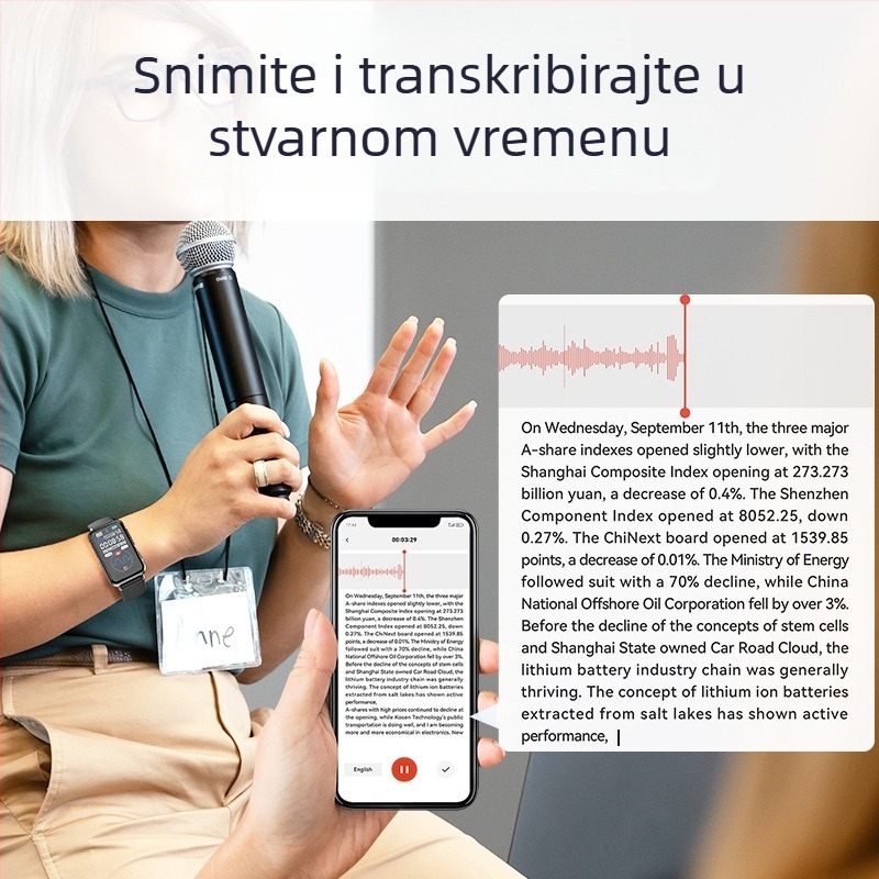 AI zapisnik za transkripciju u stvarnom vremenu uz prijevod i mentalnu mapu – lokalno i putem aplikacije snimanje, WAV format, 5 sati snimanja, EMMC pohrana, 1,47-inčni HD zaslon