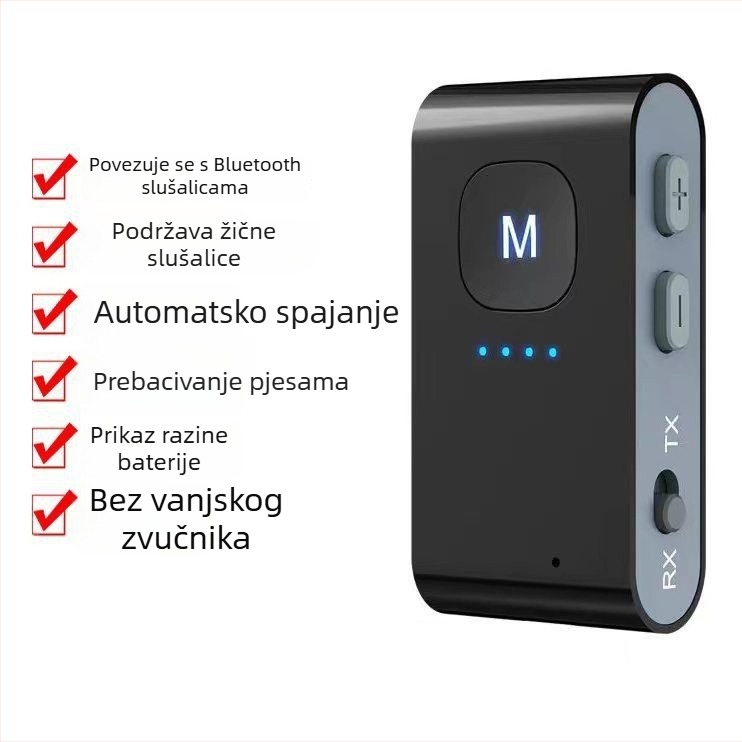 Bluetooth MP3 player s podrškom TF kartice i bežičnom povezanošću s Bluetooth slušalicama; trajanje baterije 8-12 sati; prijenosno.
