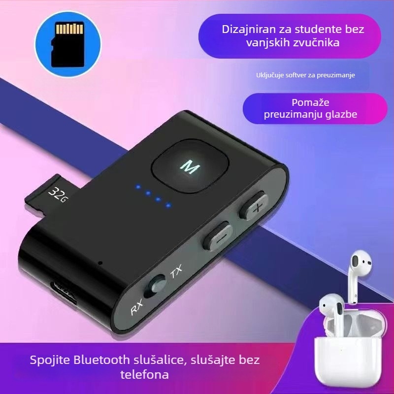 Bluetooth MP3 player s podrškom TF kartice i bežičnom povezanošću s Bluetooth slušalicama; trajanje baterije 8-12 sati; prijenosno.