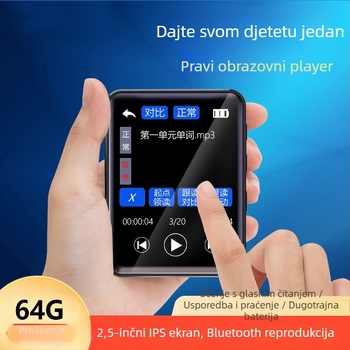 Učno uređaj s dodirnim zaslonom i tipkama za slušanje engleskog jezika i ponavljanje, proširiva TF kartica i USB 2.0, Bluetooth, FM radio i snimanje, podržava MP3/WMA/WAV/OGG/FLAC/APE, litij-ionska baterija do 7 dana