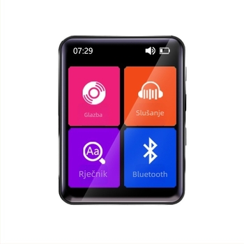 Učno uređaj s dodirnim zaslonom i tipkama za slušanje engleskog jezika i ponavljanje, proširiva TF kartica i USB 2.0, Bluetooth, FM radio i snimanje, podržava MP3/WMA/WAV/OGG/FLAC/APE, litij-ionska baterija do 7 dana