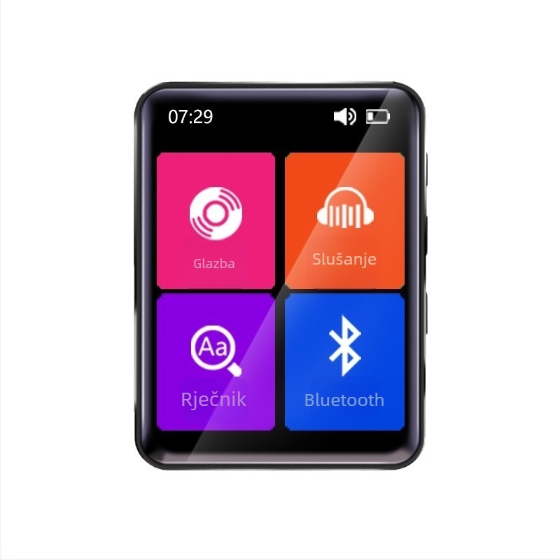 Učno uređaj s dodirnim zaslonom i tipkama za slušanje engleskog jezika i ponavljanje, proširiva TF kartica i USB 2.0, Bluetooth, FM radio i snimanje, podržava MP3/WMA/WAV/OGG/FLAC/APE, litij-ionska baterija do 7 dana