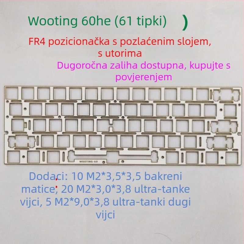 Prilagođena ploča za pozicioniranje Wooting60-he za 60-tipkovne hot-swappable tipkovnice | CNC obrada, elektroplatiranje | magnetska i mehanička pozicija osi | Kompatibilno s Wooting60, Win60, Fire60 | Težina 0.2 kg