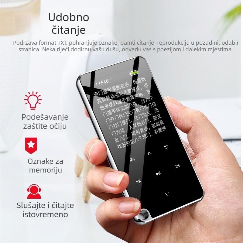 Bluetooth MP3 player s TF karticom, MP4 podrška, TFT zaslon 320x240, MP3/WMA/WAV/PCM/AAC formati, FM radio i snimanje