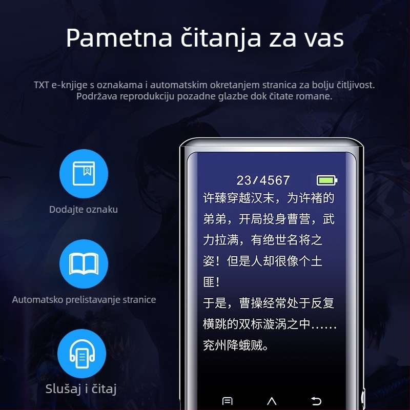 MP3 player s Bluetoothom, 1,8 inča boja zaslona dodirni, WAV zvuk, AVI/AMV video, 8 sati reprodukcije