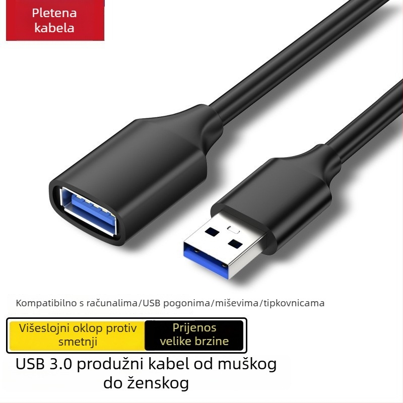 USB 3.0 produžni kabel, muški priključak na ženski, za prijenosno računalo, miš i tipkovnicu