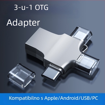 OTG adapter 3-u-1 za pametne telefone: čita USB flash disk i povezivanje tipkovnice i miša (Android, Apple, Type-C)