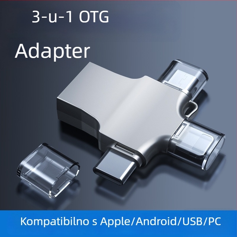 OTG adapter 3-u-1 za pametne telefone: čita USB flash disk i povezivanje tipkovnice i miša (Android, Apple, Type-C)