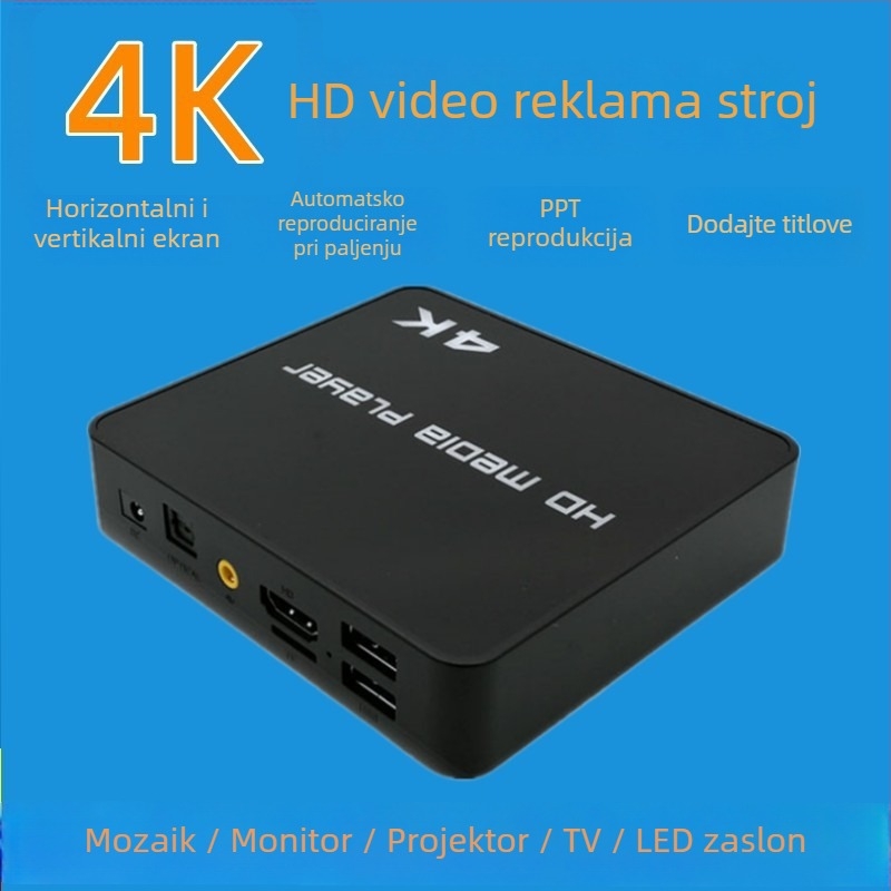 4K HD multimedijski player s RK3229, 4GB RAM, 8GB ROM, podrška do 2TB pohrane, izlaz 3840x2160, reprodukcija USB/TF, automatsko ponavljanje pri uključivanju, horizontalni i vertikalni prikaz