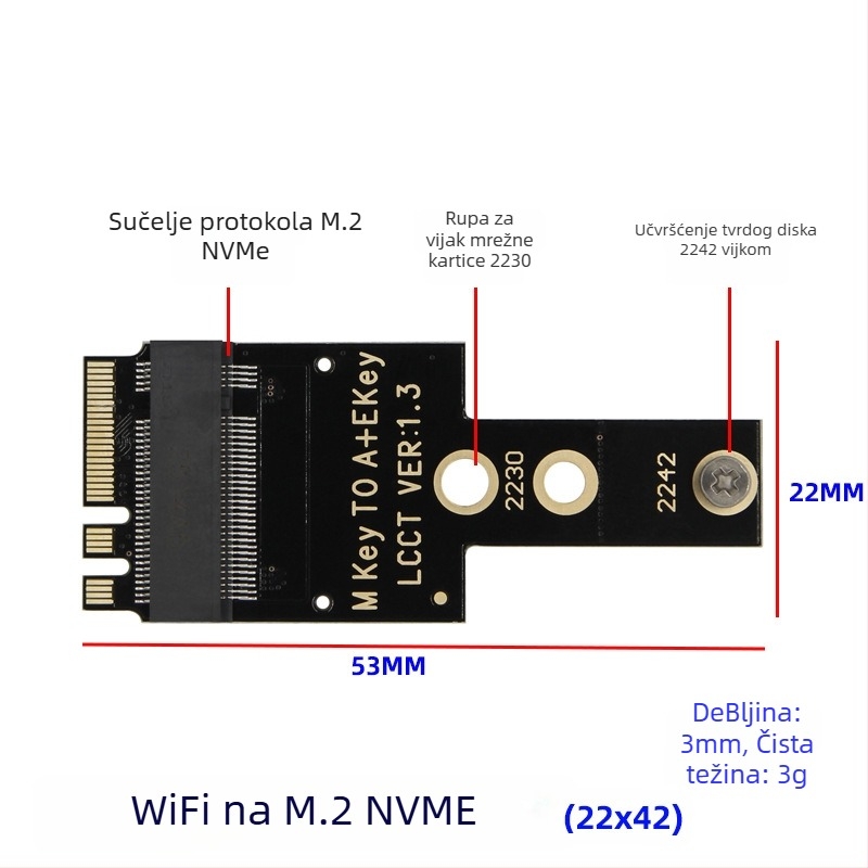 M.2 WiFi adapter kartica – A+E ključ NGFF 2230 NVMe SSD