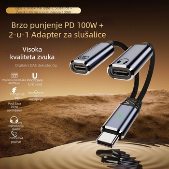 Type-C na Type-C, 2-u-1 adapter kabel za punjenje i zvuk, dvostruki izlaz, 480 Mbps