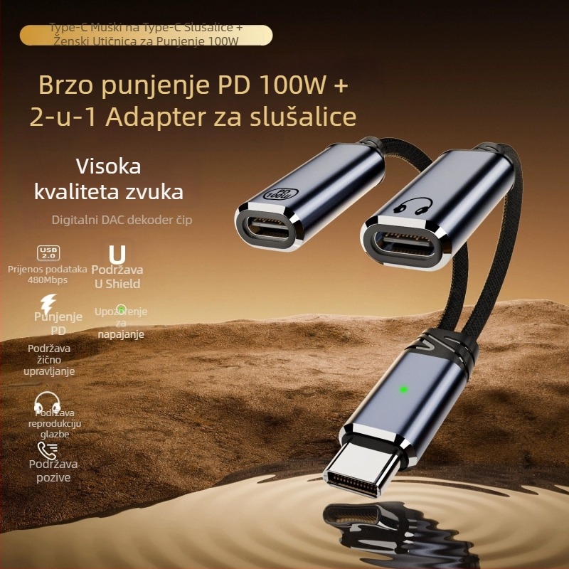 Type-C na Type-C, 2-u-1 adapter kabel za punjenje i zvuk, dvostruki izlaz, 480 Mbps