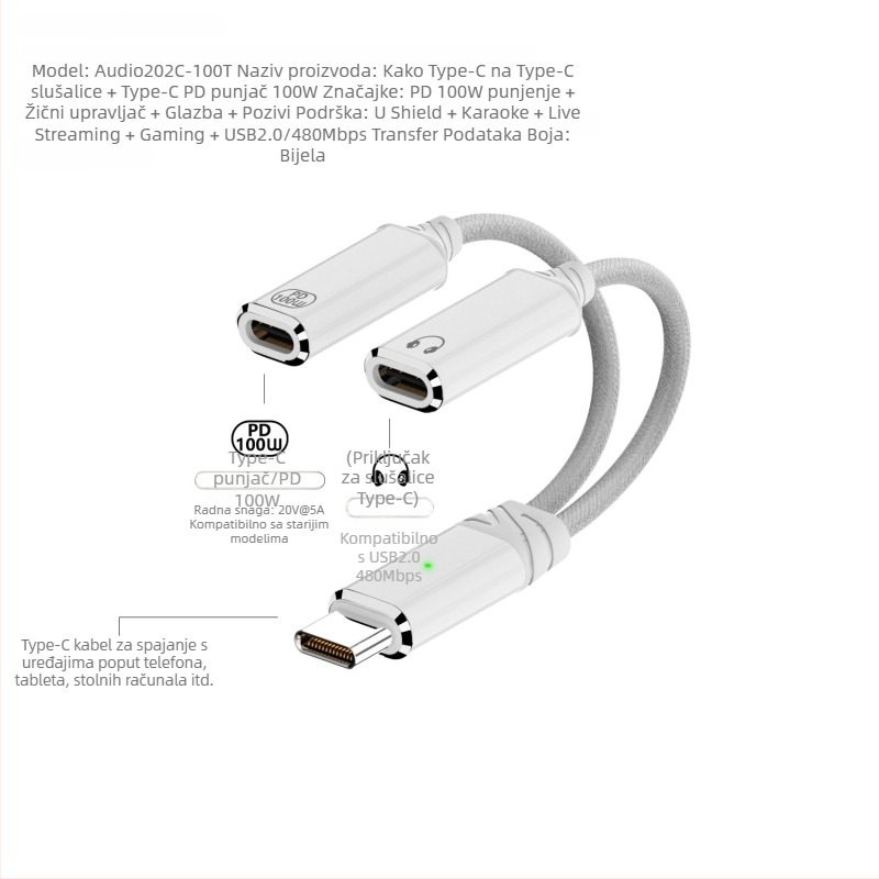 Type-C na Type-C, 2-u-1 adapter kabel za punjenje i zvuk, dvostruki izlaz, 480 Mbps