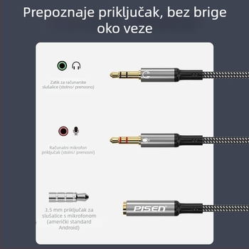 Pisen 2-u-1 adapter za slušalice i mikrofon, 2-putni splitter za PC i telefon