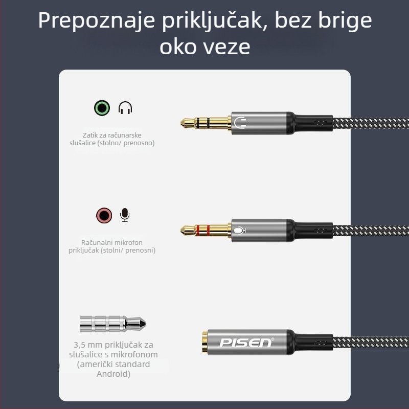 Pisen 2-u-1 adapter za slušalice i mikrofon, 2-putni splitter za PC i telefon