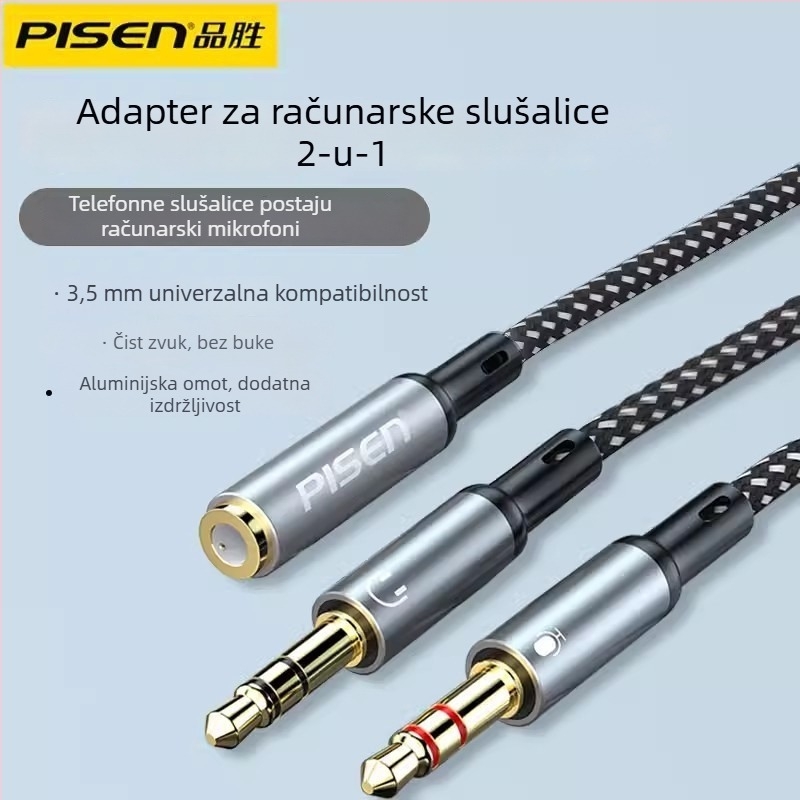 Pisen 2-u-1 adapter za slušalice i mikrofon, 2-putni splitter za PC i telefon