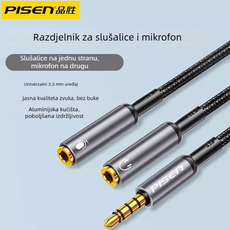 Pisen 2-u-1 adapter za slušalice i mikrofon, 2-putni splitter za PC i telefon