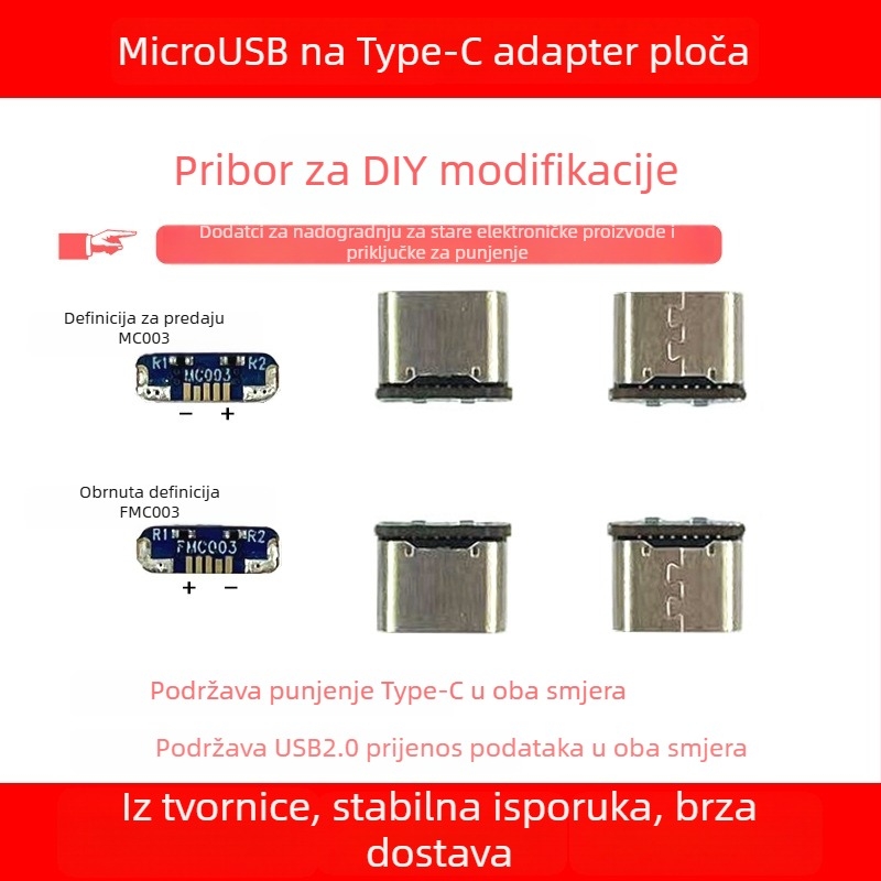 Adapter pločica MicroUSB na Type-C za PS4 kontroler, USB 2.0 sučelje, duljina 7,5 mm, bakreno jezgro, model MC003 / FMC003