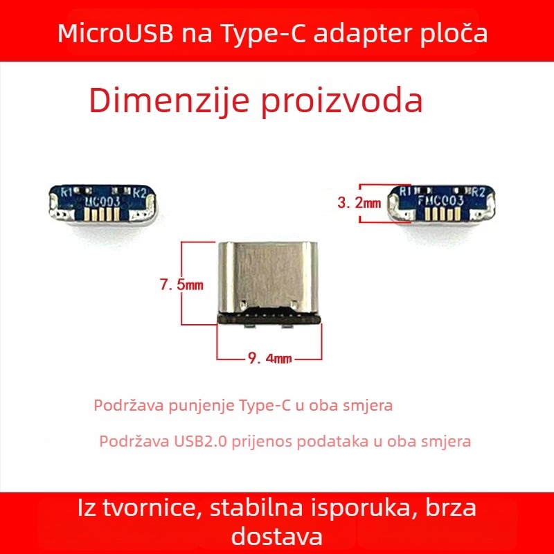Adapter pločica MicroUSB na Type-C za PS4 kontroler, USB 2.0 sučelje, duljina 7,5 mm, bakreno jezgro, model MC003 / FMC003