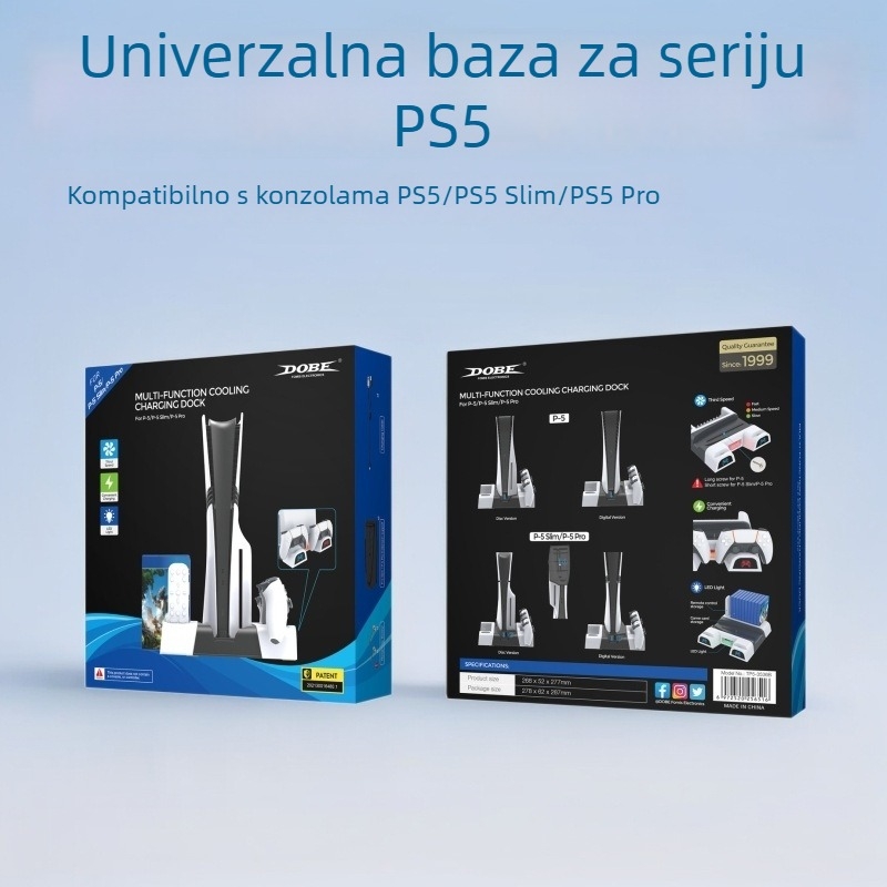 Hlađenje osnove za PS5/Slim/Pro s ambijentalnim LED osvjetljenjem, dock za punjenje kontrolera i stalak za diskove (ABS, Type-C, 1105 g)
