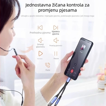 Type-C 2-u-1 audio i napajanje adapter kabel, 3,5 mm na Type-C, bakreno jezgro, zvuk 16bit/48kHz, PD60W brzo punjenje