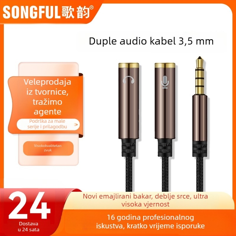 Audio adapter kabel s razdjelnikom 1–2, najlonska opletena, bakreno jezgro, izlaz zvuka, bez kašnjenja