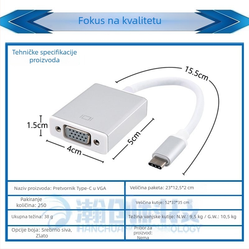 HC-TC02 Type-C na VGA adapter kabel, bakreno jezgro