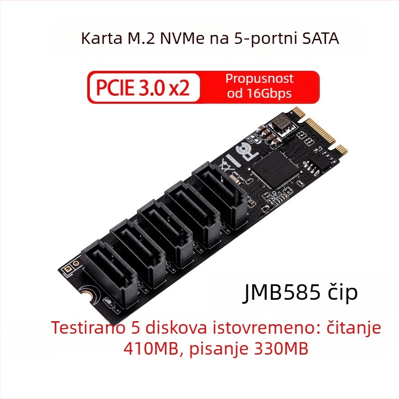 M.2 PCIe3.0 na 5-portni SATA3.0 NVMe protokol adapter za tvrdi disk, model IO-M2F585-5I, čip JMicron JBM585