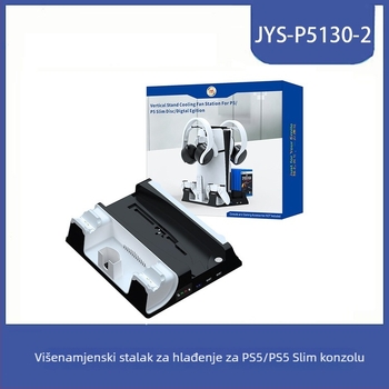 Chladišna baza za PS5/PS5 Slim s USB HUB-om i dvostrukim punjenjem za kontrolere — model JYS-P5130-2; Materijal ABS