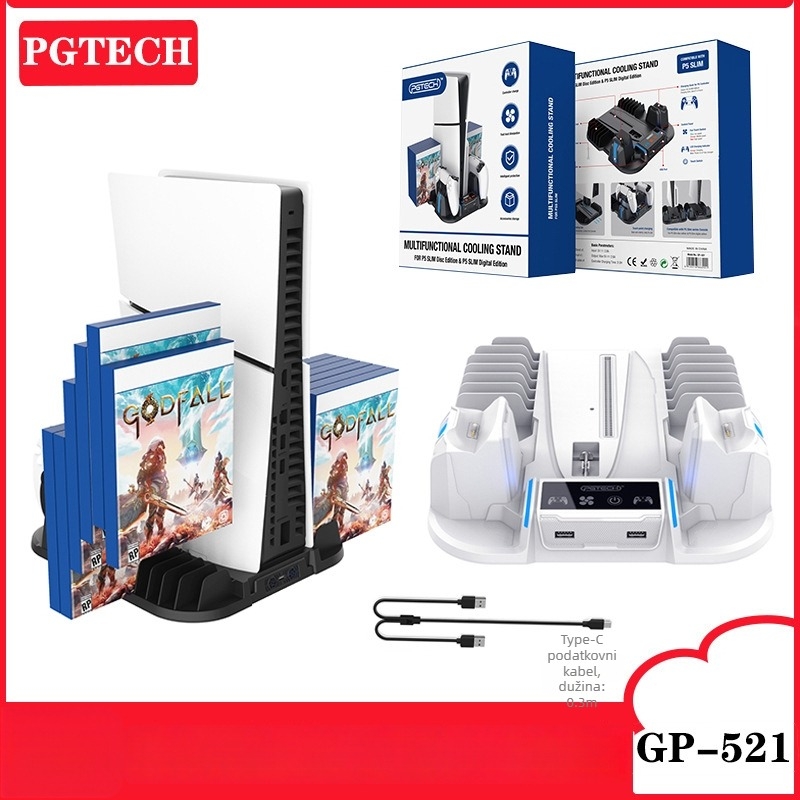 PS5 Pro/PS5 Slim baza za hlađenje s punjenjem kontrolera i pohranom kartica za igre (ABS)