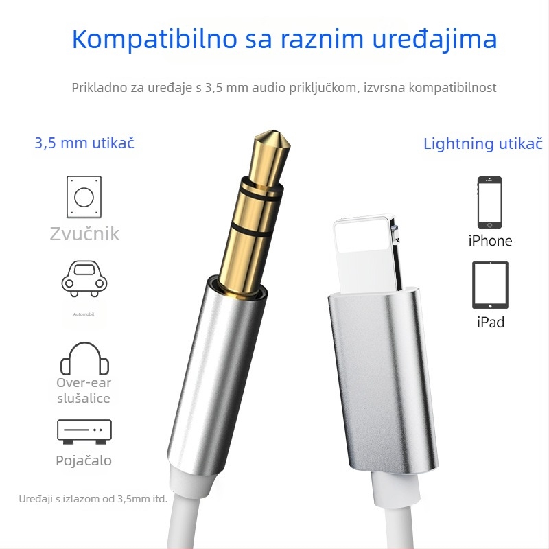 Apple Aux auto audio kabel 8P–na 3,5 mm adapter kabel, audio linija, bakrena žica, cinkovano jezgro